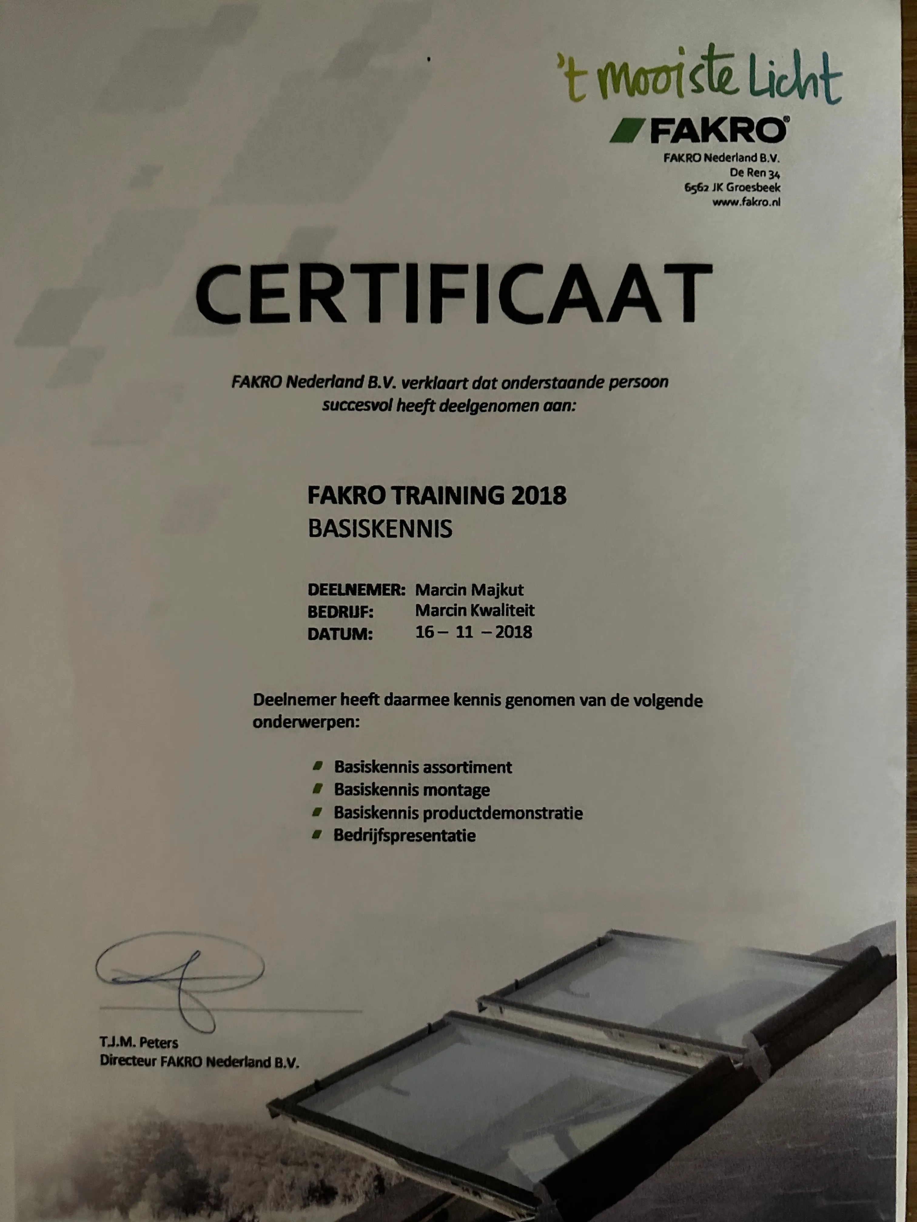 Certificaat van vakmanschap Marcin Kwaliteit